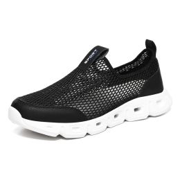 Male Slip-on Mesh Running Trainers Men Outdoor Aqua Shoes Breathable Lightweight Quick-drying Wading Water Sport Camping Sneaker (Color: black and white, size: 42)