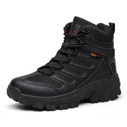 Large Size Combat Boots Men Desert Camping Non-slip Wear-resistant Sport High Top Footwear Outdoor Mountaineering Casual Shoes (Color: black, size: 40)