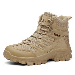 Large Size Combat Boots Men Desert Camping Non-slip Wear-resistant Sport High Top Footwear Outdoor Mountaineering Casual Shoes (Color: Beige, size: 42)