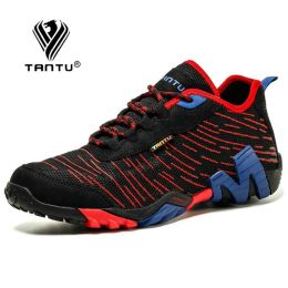 TANTU Mesh+Suede New Arrival Climbing Hunting Shoes Camping Breathable Hiking Men Shoes Non-Slip Outdoor Plus Size 39~46 (Color: Black Red, size: 46)