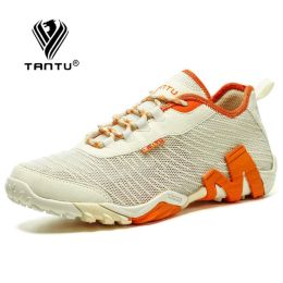 TANTU Mesh+Suede New Arrival Climbing Hunting Shoes Camping Breathable Hiking Men Shoes Non-Slip Outdoor Plus Size 39~46 (Color: Beige Orange, size: 40)