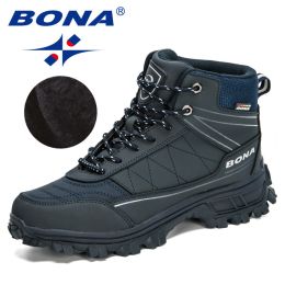 BONA 2022 New Designers Nubuck Hiking Shoes Men Trekking Tourism Camping Shoes Man Plush Warm Winter Anklt Boots Masculino Comfy (Color: Deep blue S gray, size: 9.5)