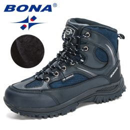 BONA 2022 New Designers Nubuck Shoes Men Outdoor Sports Tactical Male Boots Hiking Mountain Shoes Man Camping Climbing Footwear (Color: Deep blue S gray, size: 9.5)